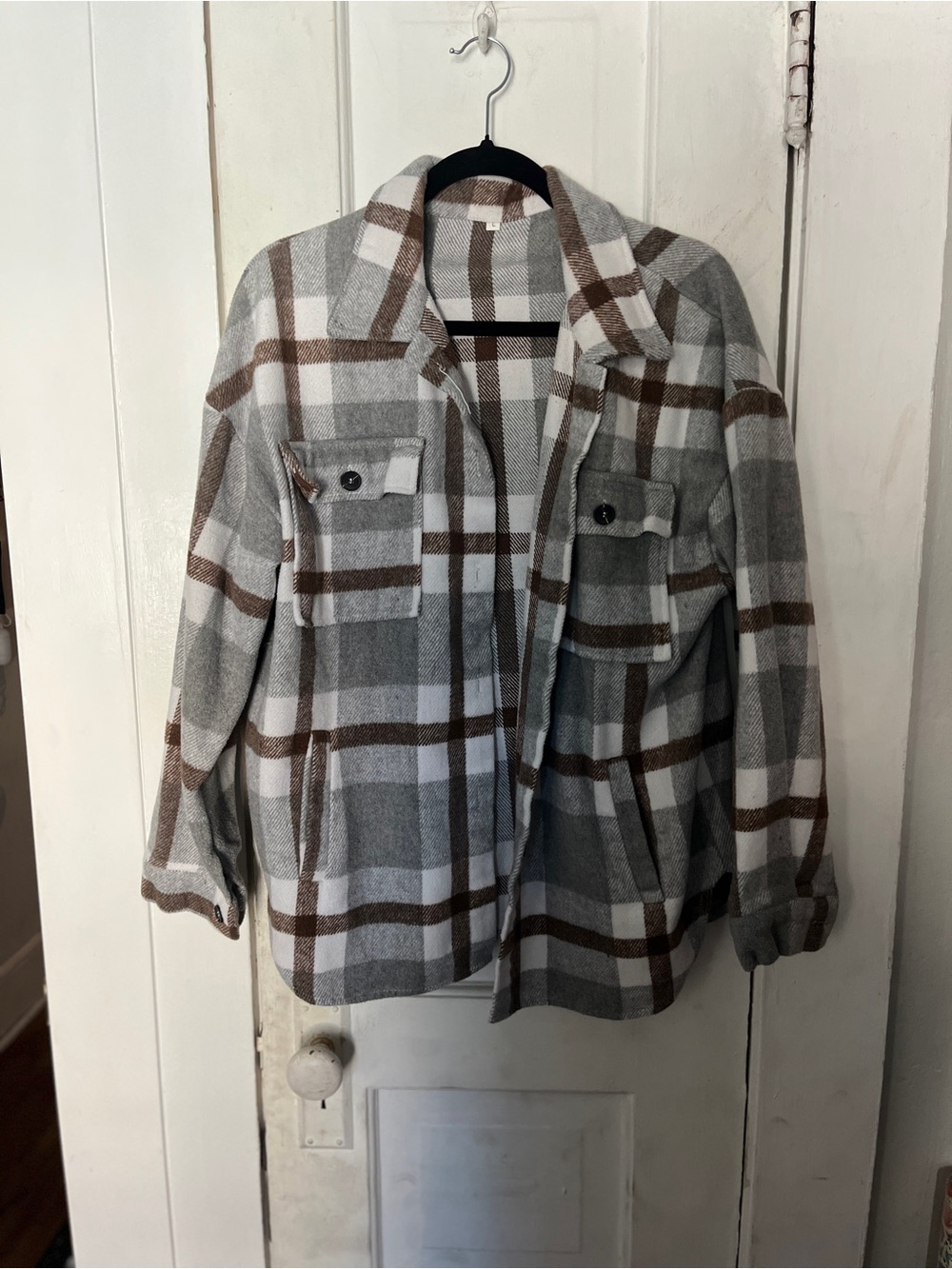 SHEIN Gray, White & Brown Plaid Shacket